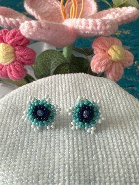 Handmade Seed Bead Flower Stud Earrings - Teal & Navy